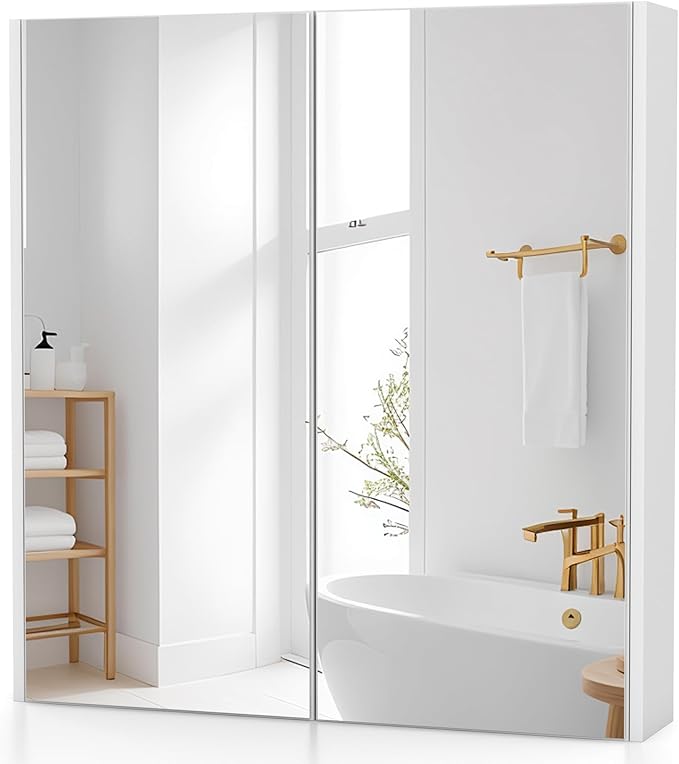 Tangkula Mirrored Medicine Cabinet, Bathroom Wall Hanging Cabinet with Double Mirrored Doors & Adjustable Shelf, Wall-Mounted Bathroom Storage Organizer, White, 24.5 x 4.5 x 25.5 Inches