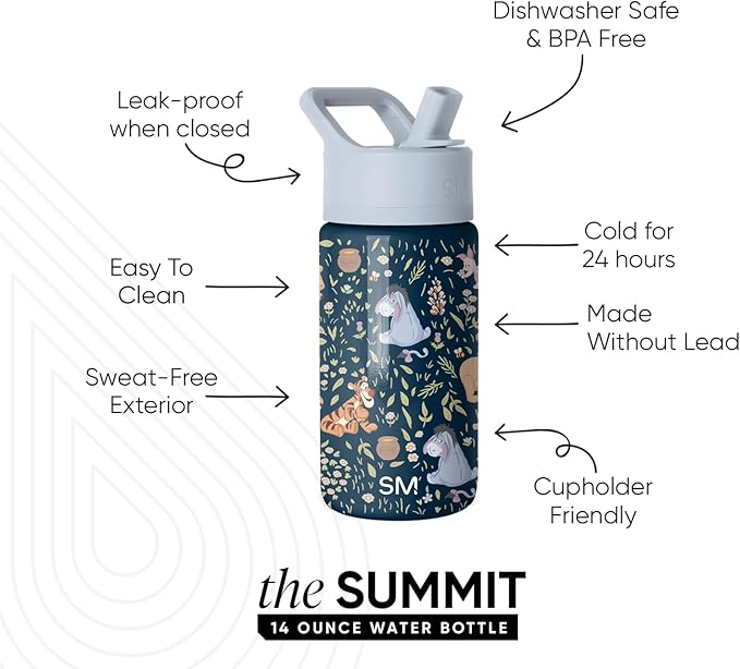 Simple Modern Kids Summit Water Bottle with Straw Lid | Disney Winnie the Pooh 14oz Stainless Steel Cup Insulated Tumbler for Girls, School | Winnie the Pooh Floral