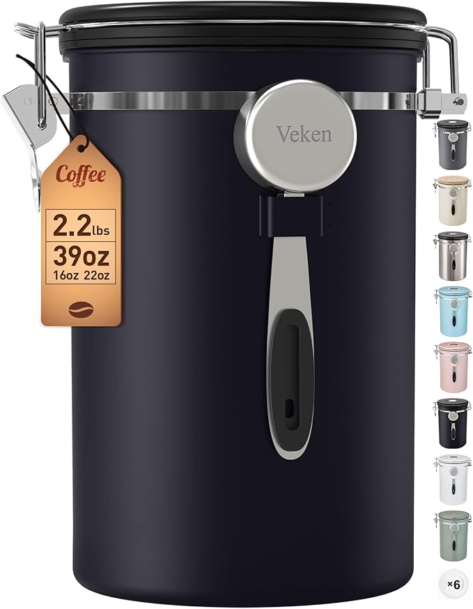 Veken Coffee Canister, 39OZ Large Christmas Coffee Lovers Gift Basket Set,Airtight Stainless Steel Food Storage Kitchen Container Gifts for 2.2lbs Beans, Ground, Sugar, Tea, Flour, Cereal,Scoop,Black