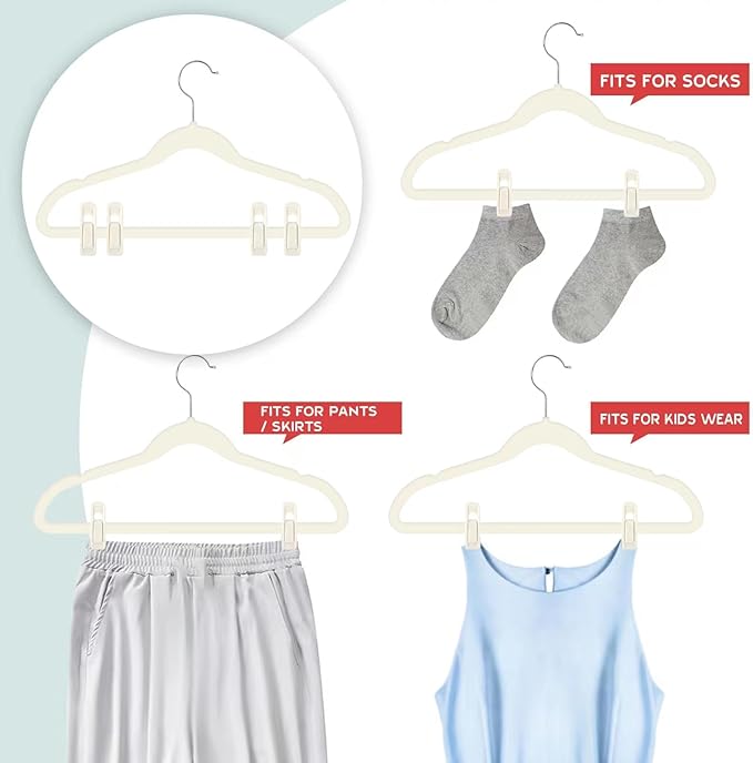 Tinfol Ivory Velvet Hanger Clips, 50pc Pants Velvet Clips, Large Opening Clip Clothes Pin, Strong Finger Flocked Clip Perfect for Slim-line Clothes Hangers