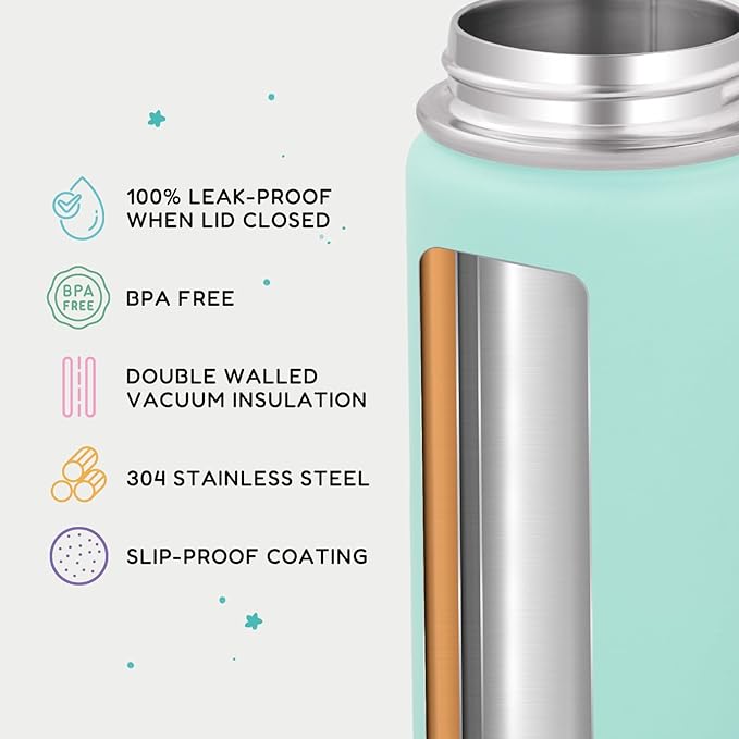 12oz Kids Water Bottle for School, Toddler Bottles with Straws, Stainless Steel Vacuum Insulated Water Bottle for Boys&Girls, Leak-Proof, BPA-Free, Serenity