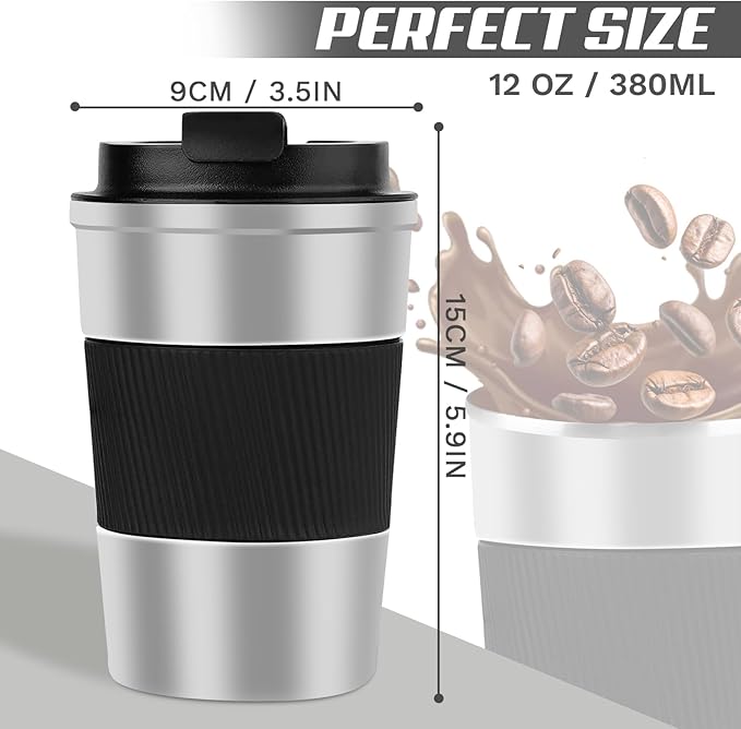 Vacuum-Insulated Stainless Steel Travel Coffee Mug, Leak-Proof Reusable Coffee Cup with Lid-Keep Hot & Cold Drinks for Hours, Durable Insulated Tumbler for Men & Women(3rd-Silver black, 12OZ)