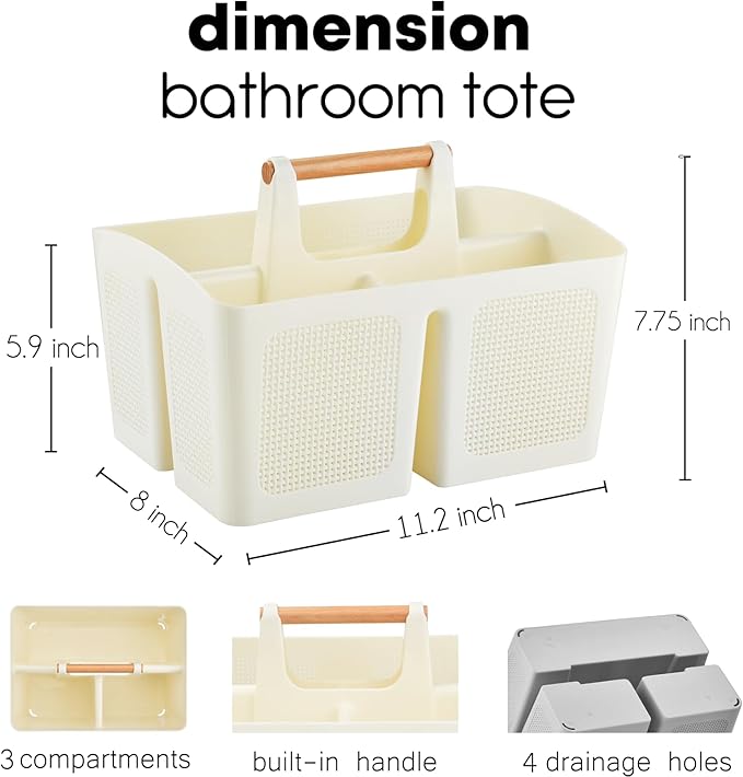 ALINK Portable Shower Caddy Basket with Compartments, Plastic Divided Cleaning Caddy Organizer Storage Tote with Handle for Bathroom, College, Dorm Room Essentials - Beige