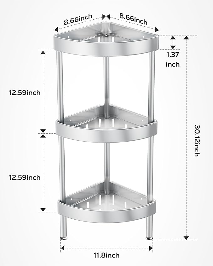 Nieifi Corner Shower Caddy Stand-3 Tier Rustproof Anodized Aluminum Standing Shower Organizer-Shower Caddy Corner-Dual Stability to Anti-Shaking-Height-Adjustable Legs for Uneven Surfaces-Silver