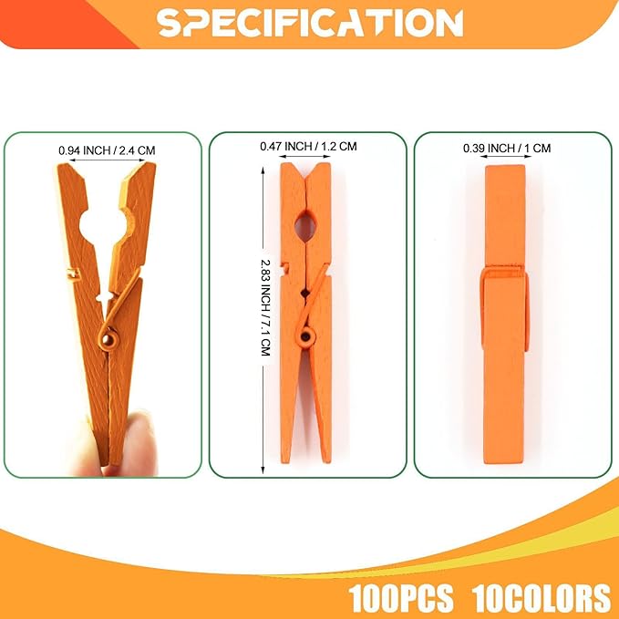 100 Pack Colored Clothespins Wooden 2.9 Inch, Orange Clothes Pins Wood, Clothing Pins Clips for Craft Pictures Classroom