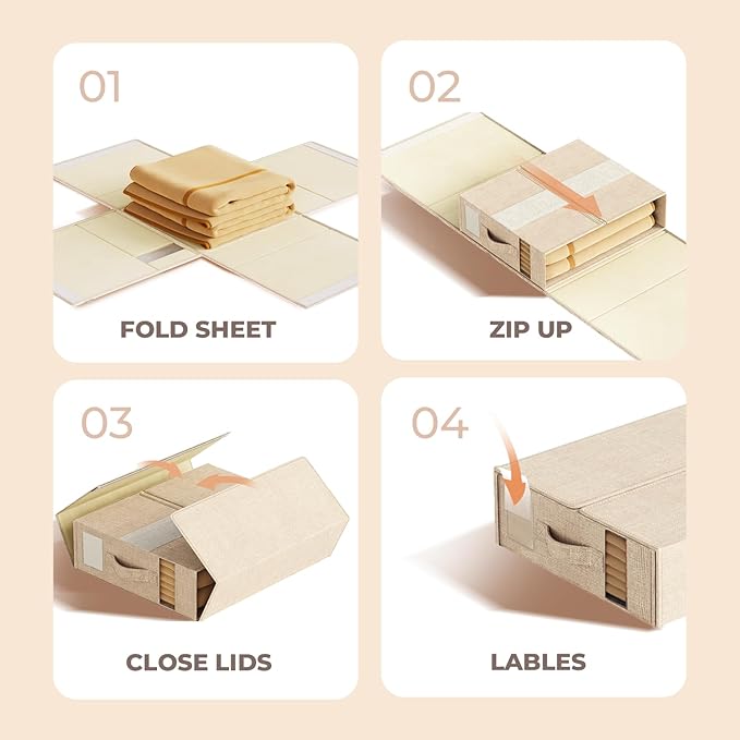 4 Pack Sheet Storage Organizer (King & Queen Size) with handle, Foldable Sheet Set Organizer for Linen Closet, Sheet Organizer for Blanket, Coverlet and Towel, Beige