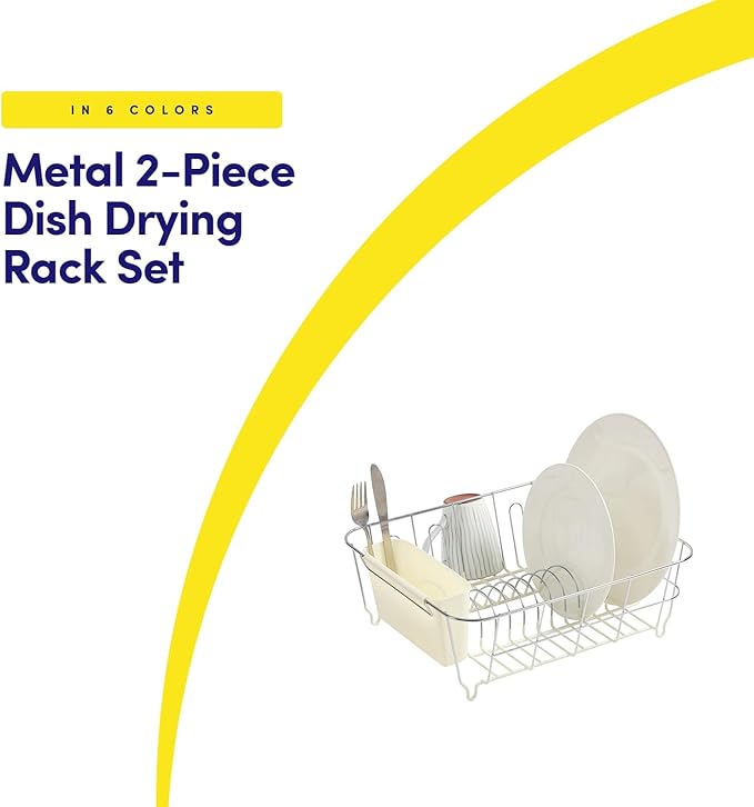 Dish Drying Rack & Cutlery Holder 2 Piece Set - Compact Sink-Fitting Dish Drainer with Rubberized Undercoating, Space-Saving Kitchen Organizer for Plates, Cups, Bowls & Utensils in Sink, Ivory