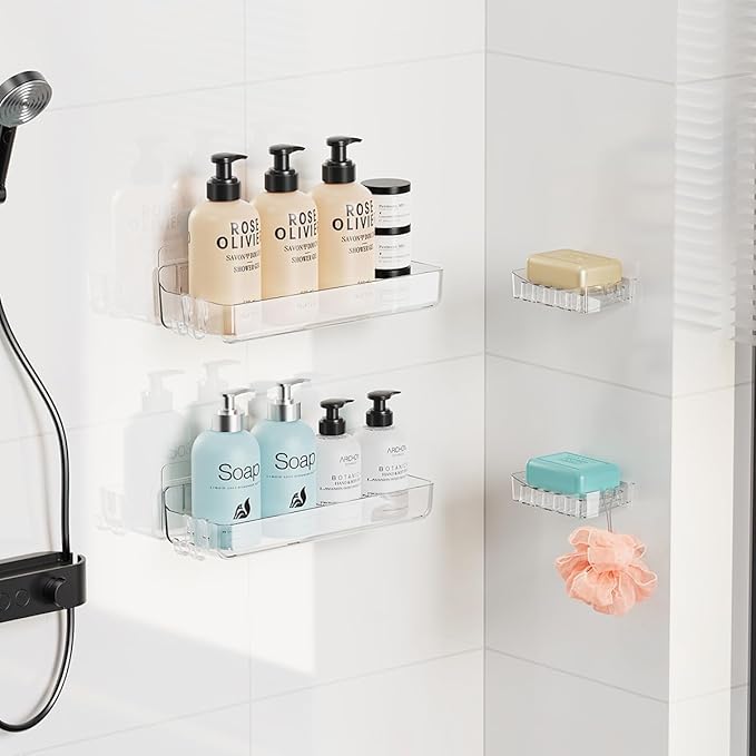Sotfamily Clear Shower Caddy, Acrylic Wall Mounted Shower Shelves with Soap Dish & Adhesive Pads for Bathroom Organizers and Storage, No Drill Shower Caddies for Bathroom Decor