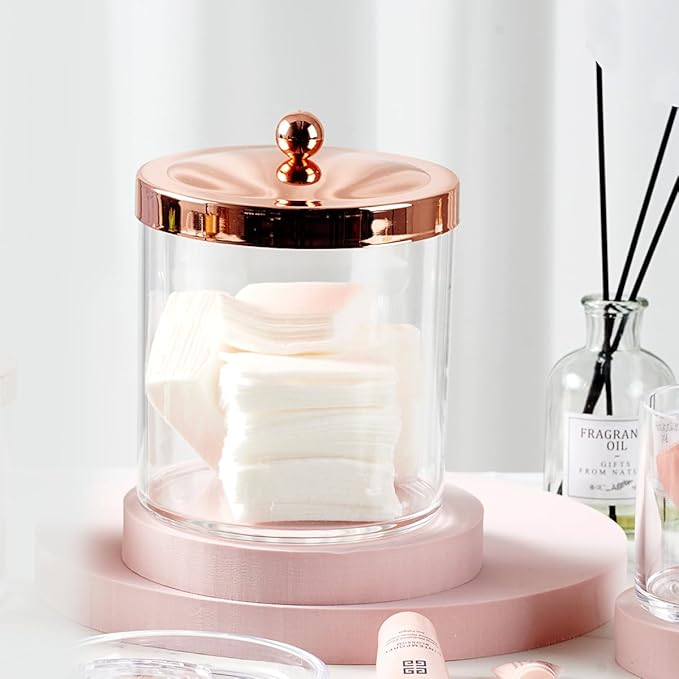 2 Pack SheeChung 50oz Large Apothecary Jar with Rose Gold Rust-Proof Lid - Shatterproof Plastic Laundry Pods Container - Chic Rose Gold Bathroom & Vanity Storage Organizer for Scent Beads, Salts