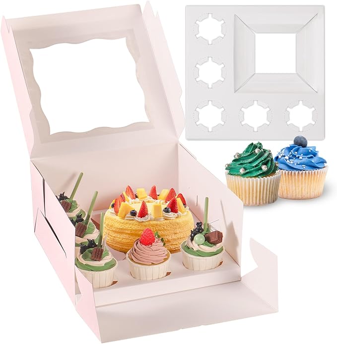 JCD 9 Holes Fit 8 Cupcakes and 1 Mini Cake Box Combo,8 sets of Cake Boxes, Pastry Sweets Bento Box, Cupcake Combo Box with Stickers(1+8/8pcs)