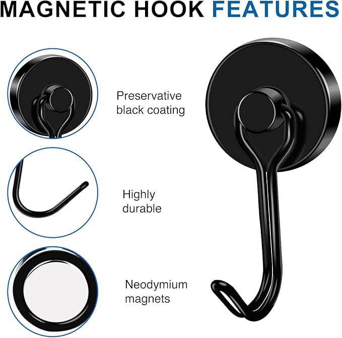 LOVIMAG Hooks, 80lbs+ Magnetic Magnet Hook 2026 Cruise Cabin Ship Essentials Heavy Duty Strong Refrigerator Fridge Hanging for Classroom Beach Vacation Kitchen Grills Home Mug Hanger (6 Pack), Black