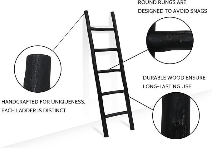 FUIN Fully Assembled 57in Wood Blanket Ladder Living Room Decorative Wall Leaning Farmhouse Quilt Display Holder Rustic Wooden Towel Rack for Bathroom, Black