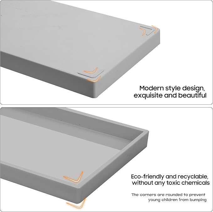 Vanity and Bathroom Tray, 11.8" ABS Countertop Organizer,Waterproof Vanity Tray for Toilet Tank,Perfume,Soap,Keys,Bathroom Accessories,Kitchen and Bath Trays,Non Slip Small Trays,Gray,2 Pack
