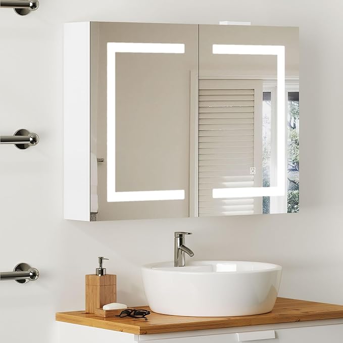 Snughome Bathroom Medicine Cabinet with Mirror & LED Lights, Wall Mount Bathroom Mirror with Storage, Built-in Power Outlets, Dimmable 3 Color Temp, Anti Rust Easy to Install, 31.5" x 23.6"
