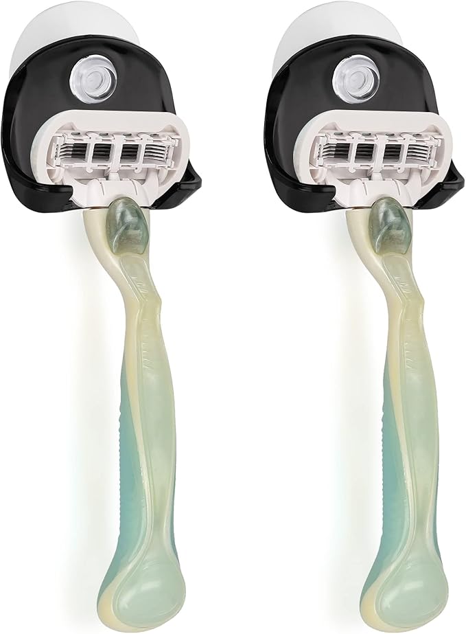 kwmobile 2x Razor Holder with Suction Cup - Self-Adhesive Shaver Wall Mount - Bathroom Organizer for Glass and Tiles - Black