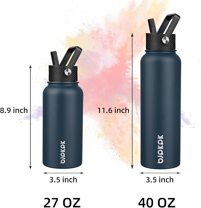 BJPKPK Insulated Water Bottles with Straw Lid, 40oz Stainless Steel Water Bottles with 3 Lids, BPA Free Leakproof Thermo, Tumblers, Cups for Sports, Gym- Navy Blue