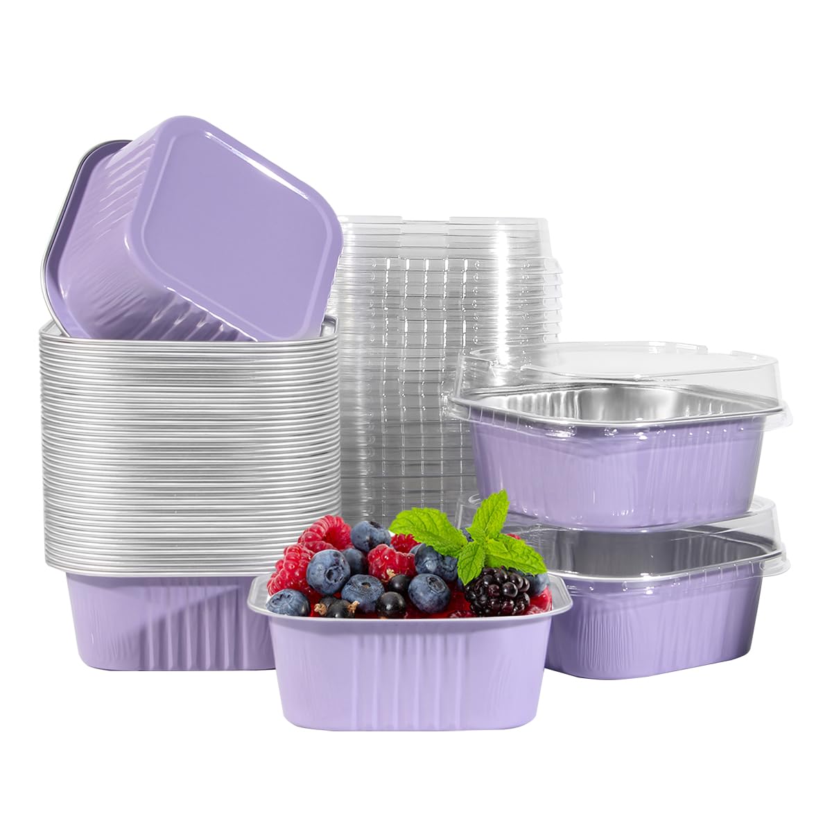 50 Pcs Mini Square Baking Cups with Lids,5oz Aluminum Foil Mini Cake Pans with Lids,Disposable Ramekins Cake Pans,150ml Dessert Cups Cupcake Pans for Wedding Birthday Party,Cowprint