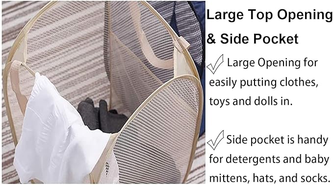 Larpur Popup Mesh Laundry Basket, Collapsible and Portable Clothes Washing Laundry Hamper with Reinforced Carry Handle (Beige)