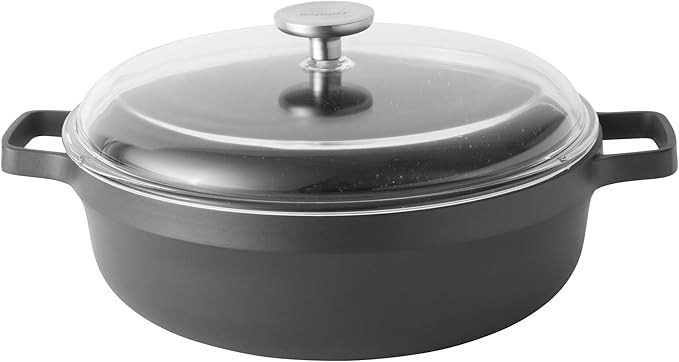 BergHOFF Gem Non-Stick Ceramic Coated Induction-Safe 2-Handled Sautepan with Glass Lid, Cast Aluminium, Black, 36 x 29 x 15.5 cm