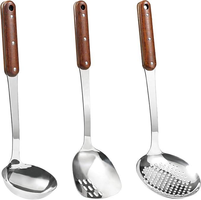 FJNATINH Stainless Steel Wok Spatula,Slotted Spatulas,Ladle,Skimmer Ladle Tool Set,Mirror Polished Cooking Utensils Kitchen Cookware, Pack of 4,Black