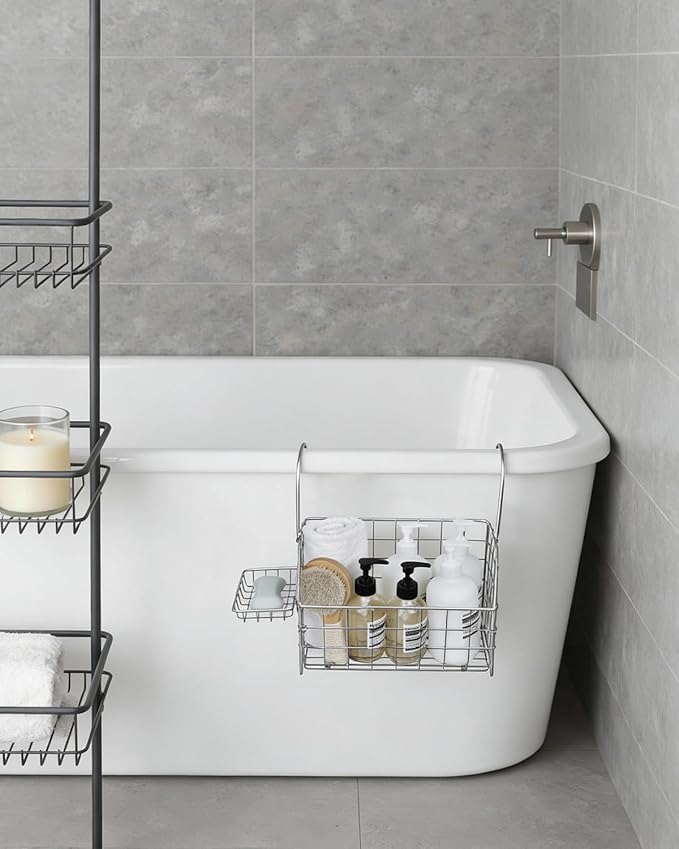 Large Rustproof Shower Caddy Hanging, 304 Stainless Steel Hanging Shower Organizer Basket for Bathroom & Bathtub, Over the Rod Shower Rack for Shampoo, Conditioner, Soap & Bath Accessories(Silver)