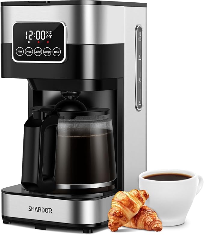 SHARDOR 10-Cup Programmable Coffee Maker, Regular & Strong Brew Drip Coffee Machine for Home and Office, Auto Shut Off, Permanent Filter (red)