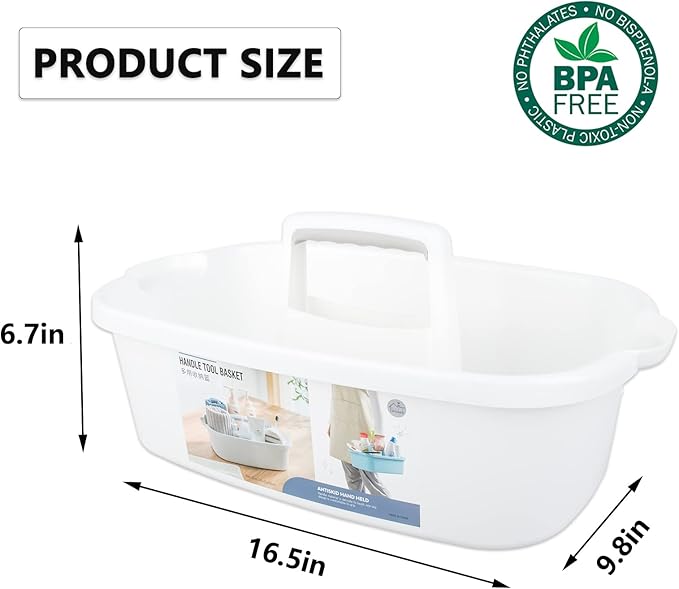 Large Cleaning Supplies Caddy Portable Shower Basket Supply Organizer with Handle Plastic Bucket Tool Storage for Bathroom, Bedroom, Kitchen, College Dorm, Garden, White 2 Pack