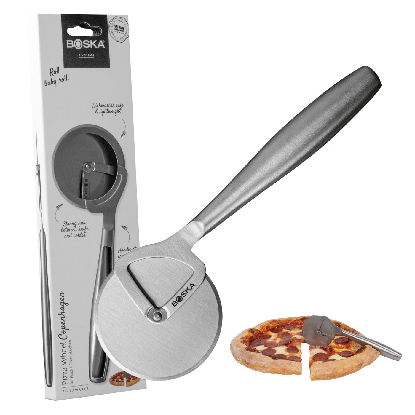 Boska Stainless Steel Pizza Cutter - Oslo Multifunctional Pizza Wheel Cutter - Handheld Food Slicer - Silver Non-Stick Roller - for Kitchen Cooking
