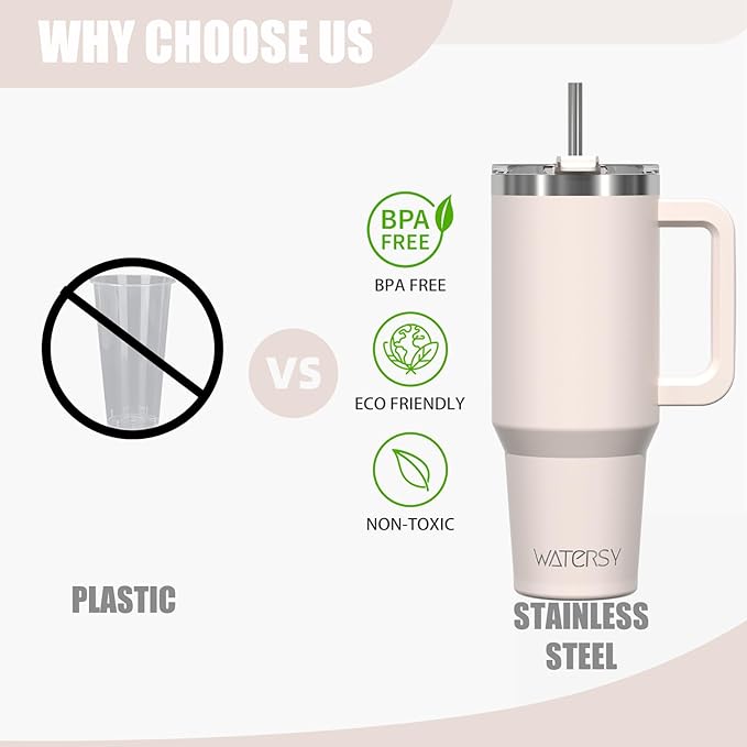 40 oz Tumbler with Handle,Tumbler with Lid and Straw,Double Wall Insulated Cup Stainless Steel Travel Mug(Cold for 34 Hours),Water Bottle for Iced Tea,Coffee,Cold Beverages(Ivory Beige)