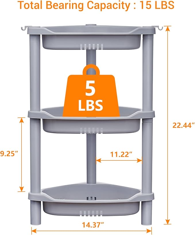 ELYKEN 3 Tier Shower Caddy Organizer Shelf Corner, 14.4 x 11.2 x 22.4 Inches, Rustproof, Plastic Shower Rack Stands for Inside Bathroom, Bathtub, Shower pan, Grey
