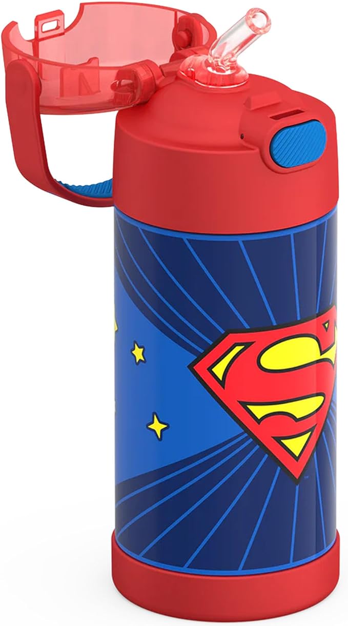 THERMOS FUNTAINER Water Bottle with Straw - 12 Ounce - Kids Stainless Steel Vacuum Insulated Water Bottle with Lid, Superman