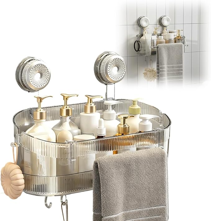 No-Drill Bathroom Suction Storage Box, 2026 Upgrade Removable Bathroom Hanging Suction Storage Box, Corrugated Suction Cup Storage Holder for Home, Bathroom Shower Caddy (Transparent)