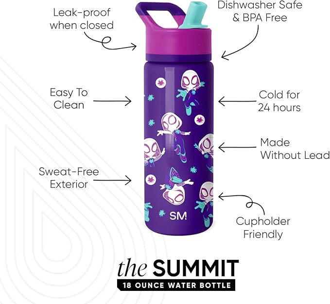 Simple Modern Kids Summit Water Bottle with Straw Lid | Marvel Spider-Man 18oz Stainless Steel Cup Insulated Tumbler for Boys, Girls, School | Spider Gwen