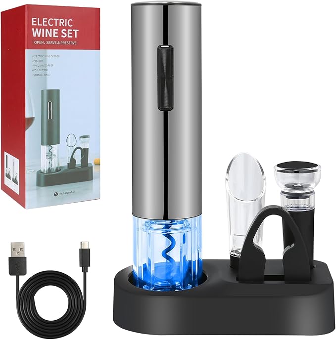 VIDYSUFYR Electric Wine Bottle Opener Set with Charging Base- Black, Automatic Wine Bottle Opener with Led Light, Rechargeable Corkscrew Kit with Aerator，Foil Cutter，Stoppers