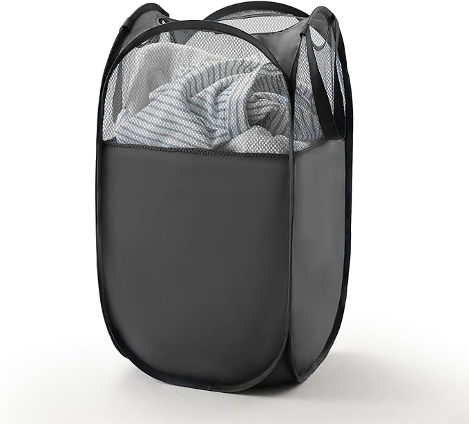 TECHMILLY Pop Up Foldable Laundry Basket, Mesh Laundry Hamper with Reinforced Handles for Dirty Clothes Storage in Dorm, Laundry Room, Bathroom, Black(Fabric)