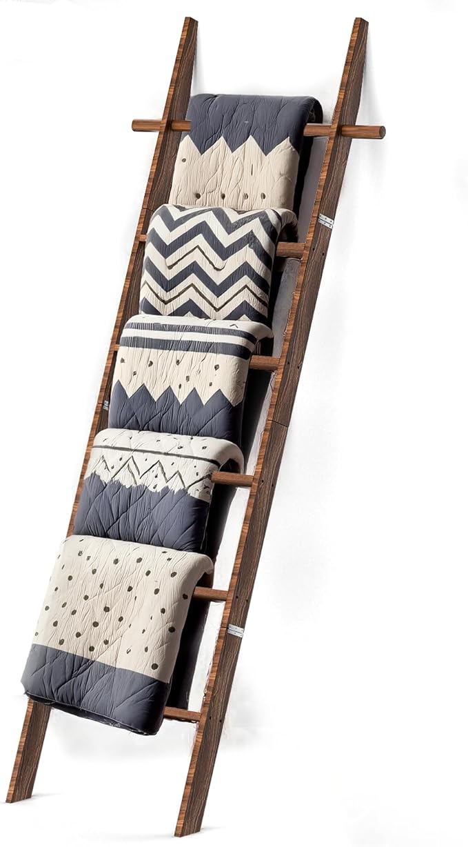 Farmhouse 6 Ft Wooden Blanket Ladder with Removable Hooks, 6-Tier Rustic Blanket Rack Decorative Stand, Leaning Towel Quilt Rack Holder for Bathroom Living Room Decor Brown