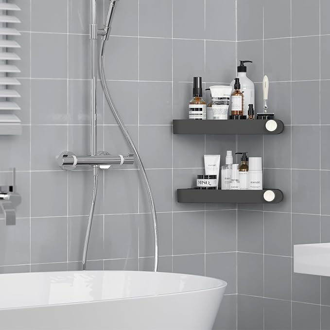 Sotfamily Plastic Shower Caddy Corner (For 90° Only), 2 Pack Adhesive Corner Shower Shelves for Bathroom Organizers and Storage, Black