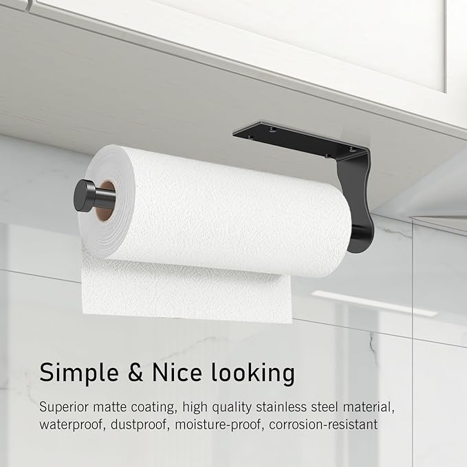 SetSail Paper Towel Holder, Single Hand Operable Paper Towel Holder Under Cabinet with Adjustable Damper, Easy Tear, Wall Mount, Self-Adhesive or Drilled for Kitchen Bathroom, Black