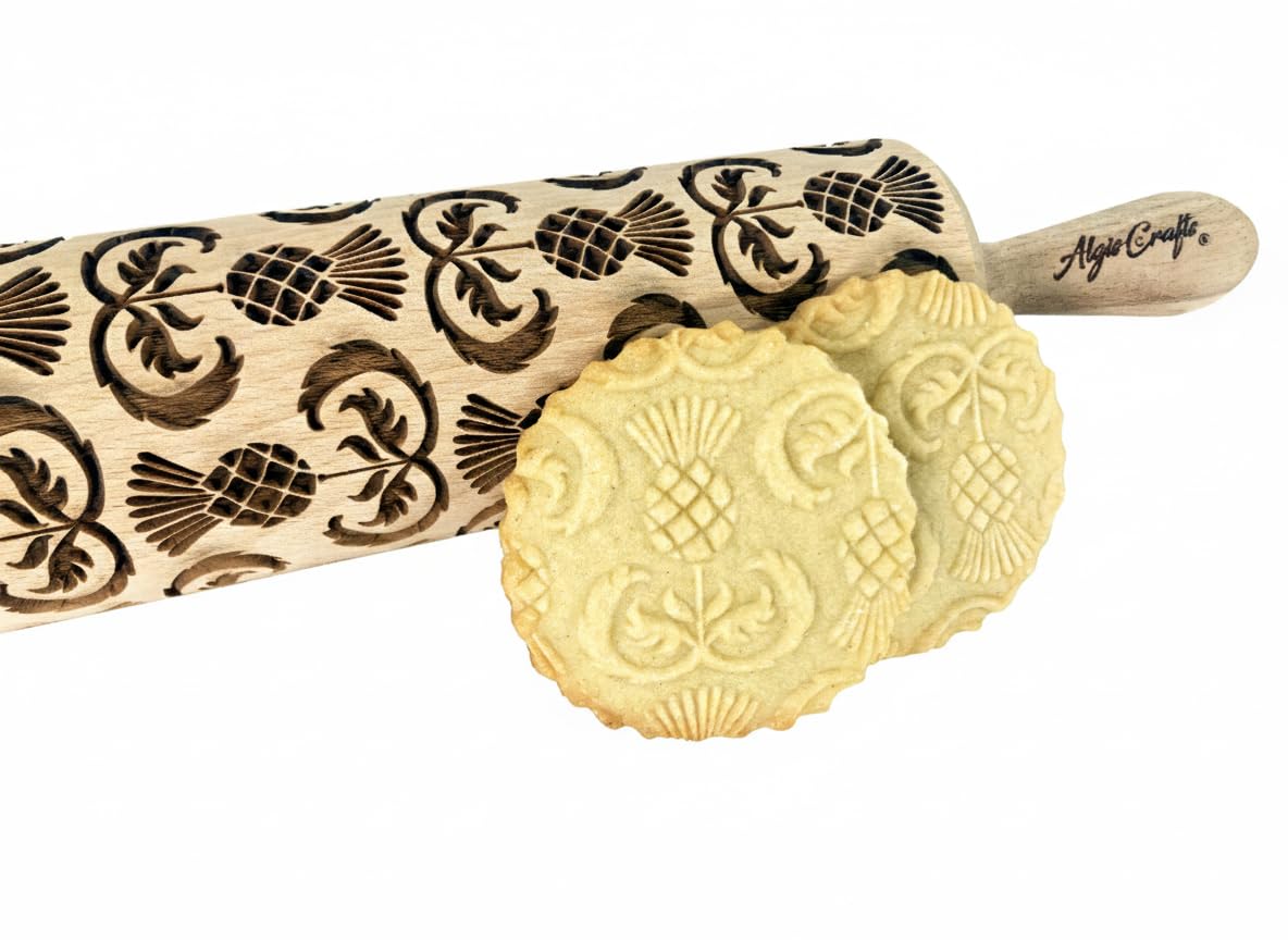 Embossing Rolling Pin GOLDEN DAISIES with Ornamental Bloom Pattern – Dough and Clay Roller for Embossed Cookies and Pottery - Cookie and Ceramic Stamp - Baking Gifts for Women by Algis Crafts