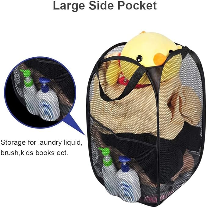 Larpur Popup Mesh Laundry Basket, Collapsible and Portable Clothes Washing Laundry Hamper with Reinforced Carry Handle (Black)