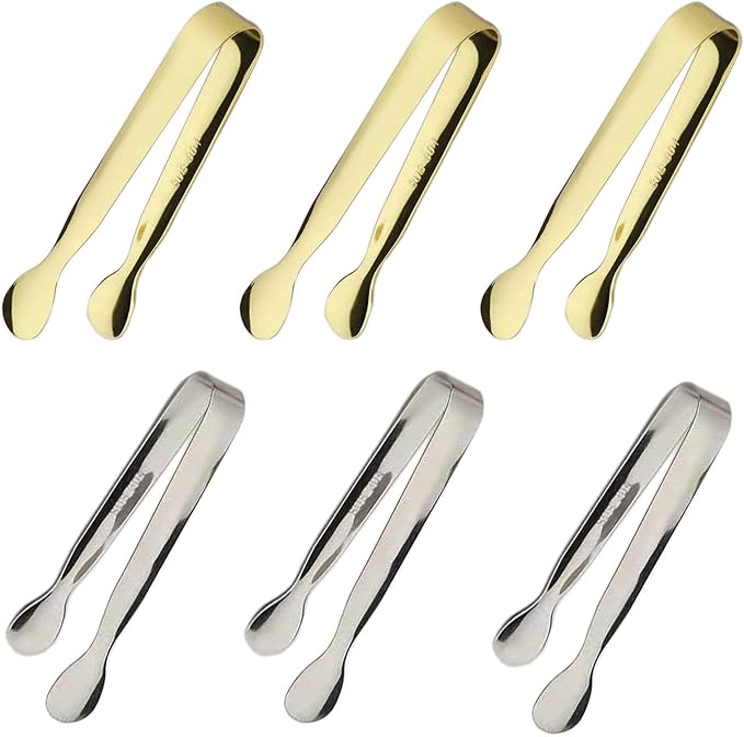 6PCS Ice Tongs Mini Sugar Tongs 4.25Inch Stainless Steel Small Serving Tongs, Small Kitchen Tiny Tongs for Appetizers,Tea Party, Coffee Bar, Desserts (Gold)