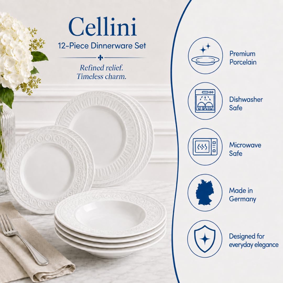 Villeroy & Boch Cellini 12 Piece Dinnerware Set, White, Service for 4