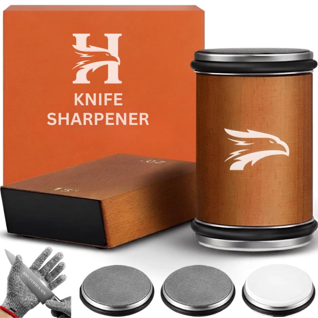High Carbon Stainless Steel Rolling Knife Sharpener with 400, 1000 & 3000 Replacement Discs - Blunt Knife Sharpening Kit with 15 and 20 Degree Sharpening for Kitchen & Chef's Knives