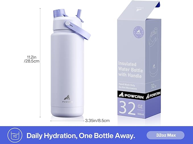 POWCAN 32 oz Insulated Water Bottle with 2-in-1 Straw and Spout Lid, Keep Cold 24H, Leak-Proof, BPA-Free, Double Wall Stainless Steel Water Bottle for Sports, Gym, Travel and School (Moonleaf Flutter)