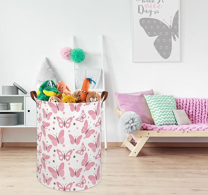 HIYAGON Girls Pink Laundry Baskets Baby Hamper for Nursery Girl Cute Kids Toy Organizer Bins Butterfly Room Decor Bedroom Bathroom(Pink Butterfly)