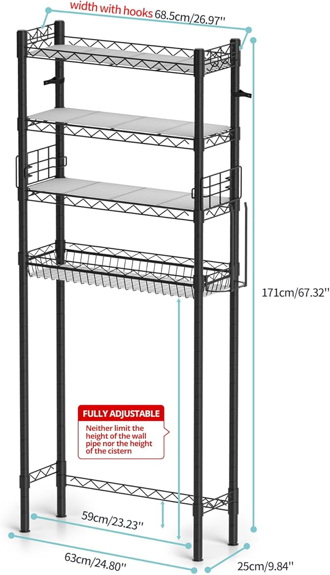 Over Toilet Bathroom Organizer, Adjustable 4-Tier Over The Toilet Storage Shelf Sturdy Bathroom Shelves, Freestanding Above Toilet Storage Rack Stable Bathroom Space Saver, Black