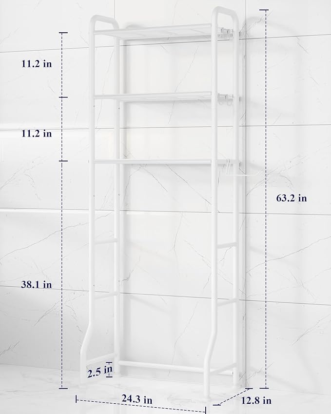 Kitsure Over Toilet Storage Rack - Metal Over Toilet Bathroom Organizer Shelf, Over The Toilet Storage Cabinet with Paper Holder and Hooks, Bathroom Cabinet for Laundry, White, 3 Tiers (63.2" H)