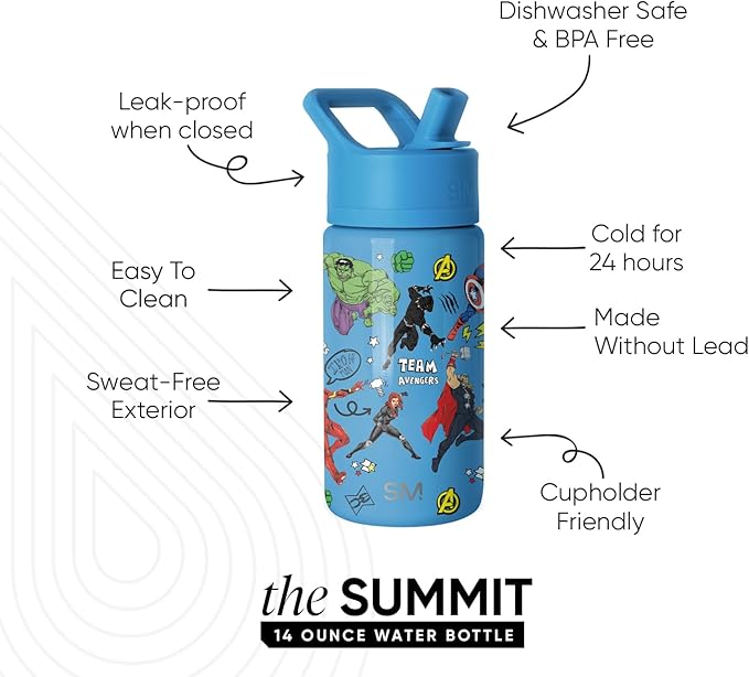 Simple Modern Kids Summit Water Bottle with Straw Lid | Marvel Avengers 14oz Stainless Steel Cup Insulated Tumbler for Boys, School | Avengers Heroes