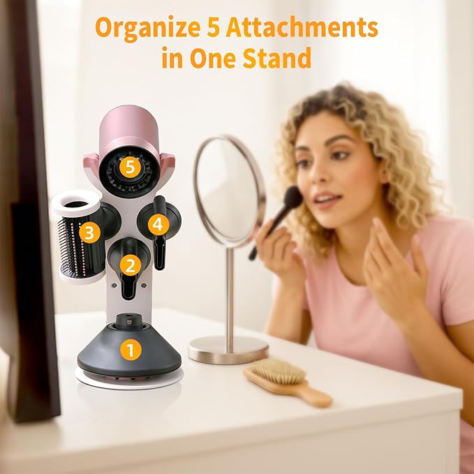 Hair Dryer Holder Stand for Dyson Hair Dryer, Upgraded Dyson Hair Dryer Holder Dyson Hair Dryer Stand Pink to Store 5 Dyson Hair Dryer Attachments with Cable Hook