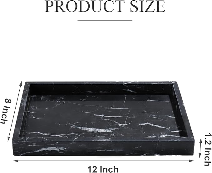 Real Natural Marble Tray for Bathroom, Genuine Marble Stone Vanity Tray, Luxury Storage Trays for Kitchen, Vanity, Home Decor, Dresser, Non-Resin/Non-Ceramic, 12"x 8"x 1.2", Black